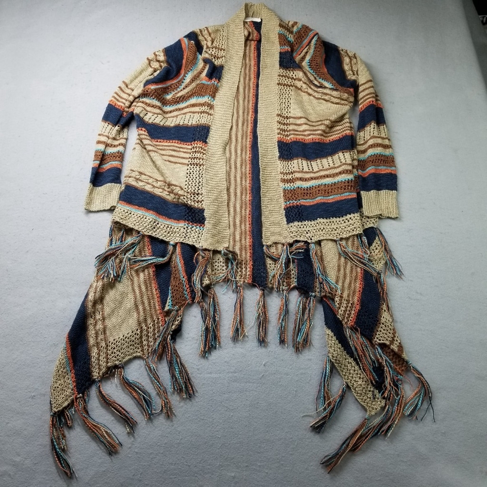 Ya Ya Club Kimono Wrap Womens Size M Brown Blue Striped Semi Sheer